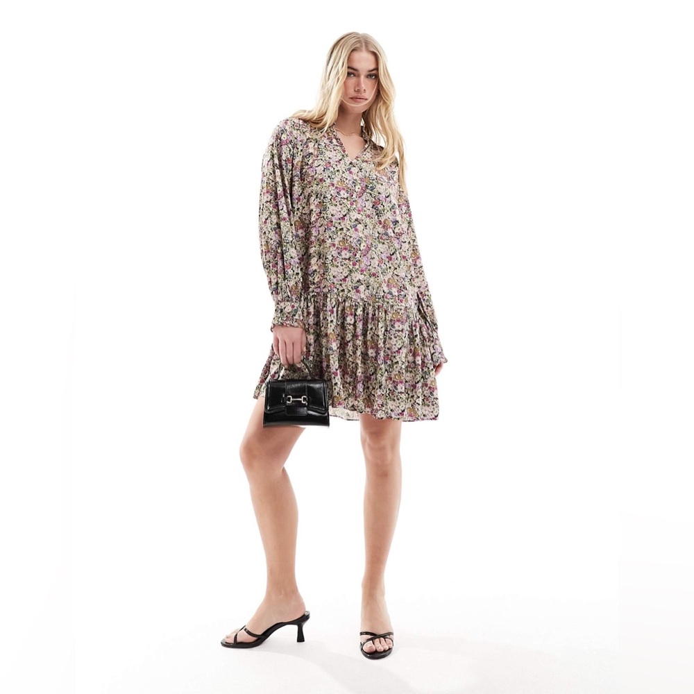 & Other Stories Floral Tiered Hem Mini Shirt Dress Pink Green Long Sleeve Size S